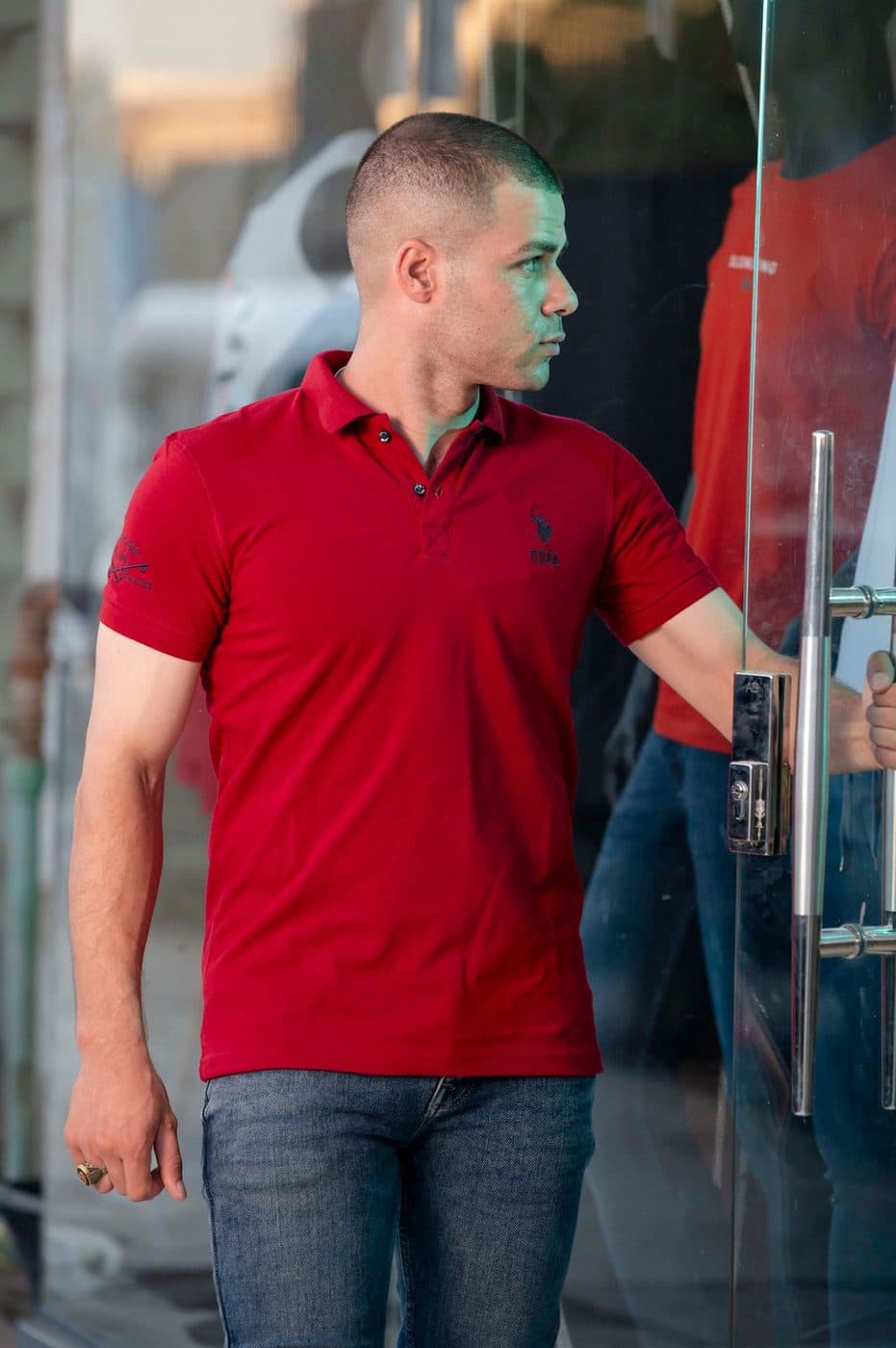 Red pique polo shirt