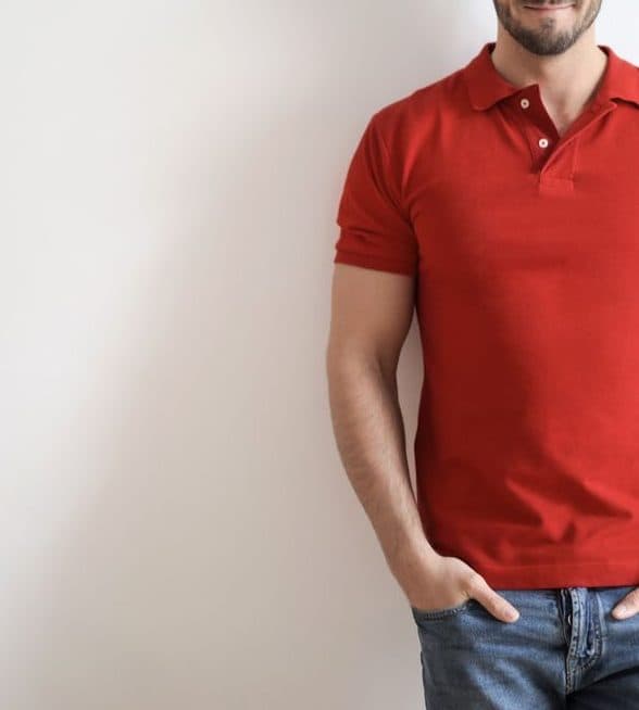 Red polo shirt on a plain light background
