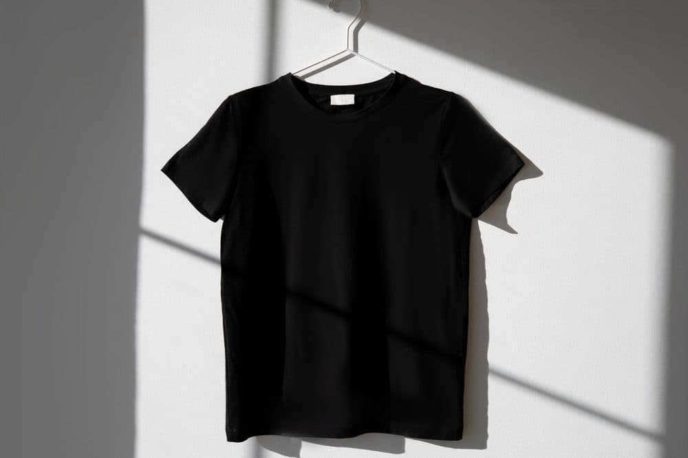 Plain black t-shirt hanging on a white wall